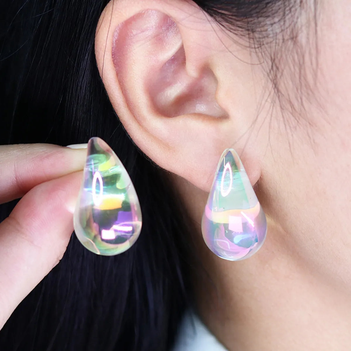 Hoop Earrings with Gemstones-1 Pair Simple Style Water Droplets Plating Arylic Ear Studs