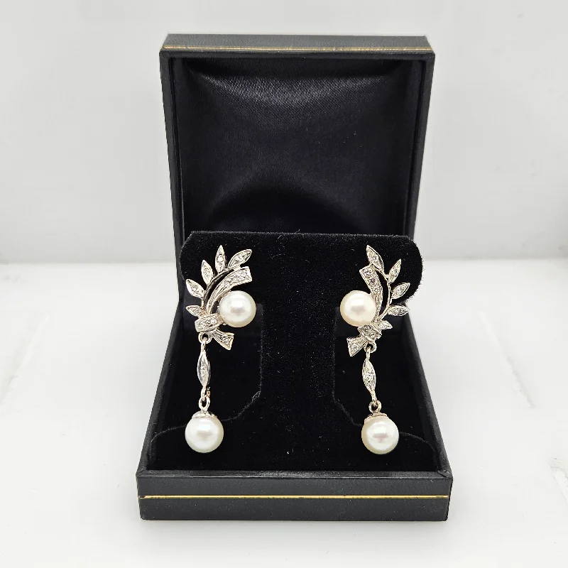 Elegant Gemstone Stud Earrings-14K White Gold, Diamond & Pearl Antique Drop Earrings-Estate