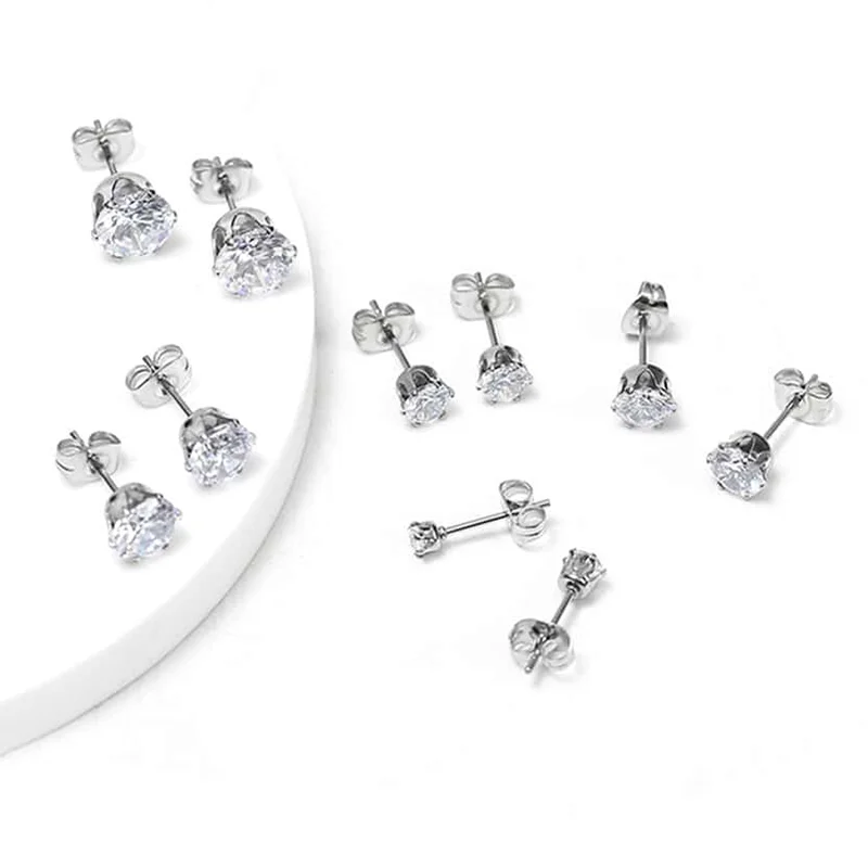 Round Diamond Earrings-5 Pairs Basic Modern Style Geometric Inlay Stainless Steel Zircon Ear Studs