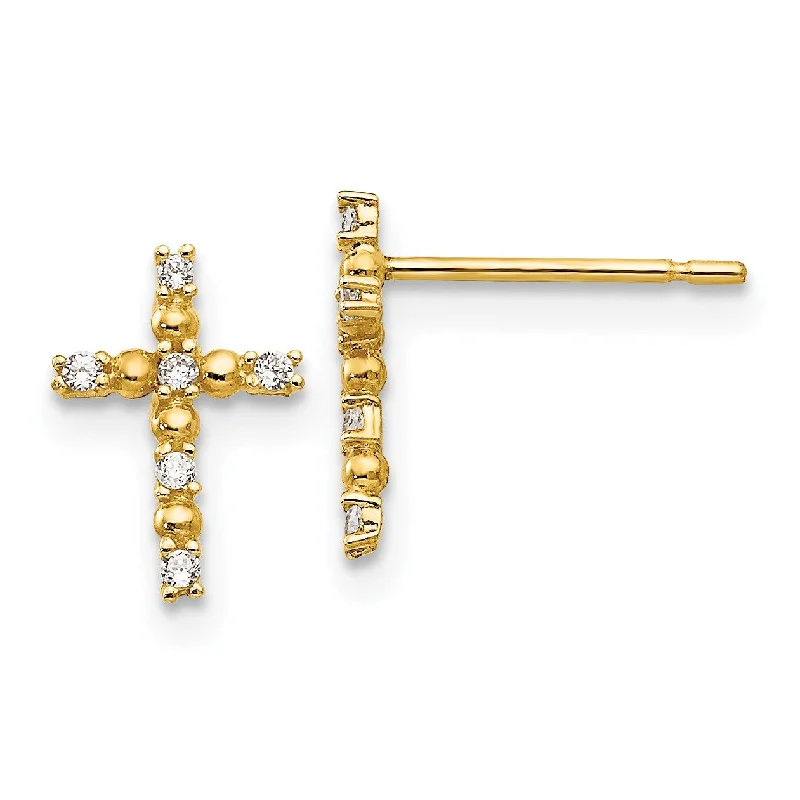 Luxury Drop Earrings-14KT Yellow Gold Cubic Zirconia 10X7MM Childrens Cross Stud Earrings