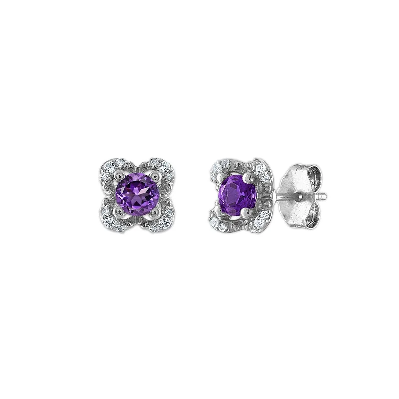 Simple Hoop Earrings-4MM Round Amethyst and White Sapphire Birthstone Flower Halo Earrings in Sterling Silver