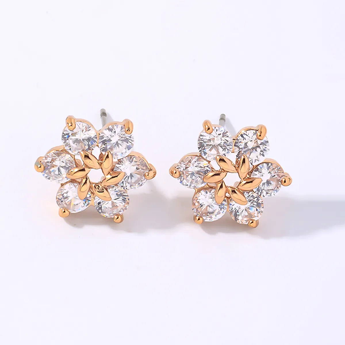 Sparkling Silver Earrings-1 Pair Casual Simple Style Shiny Flower Plating Inlay Copper Zircon Gold Plated Ear Studs