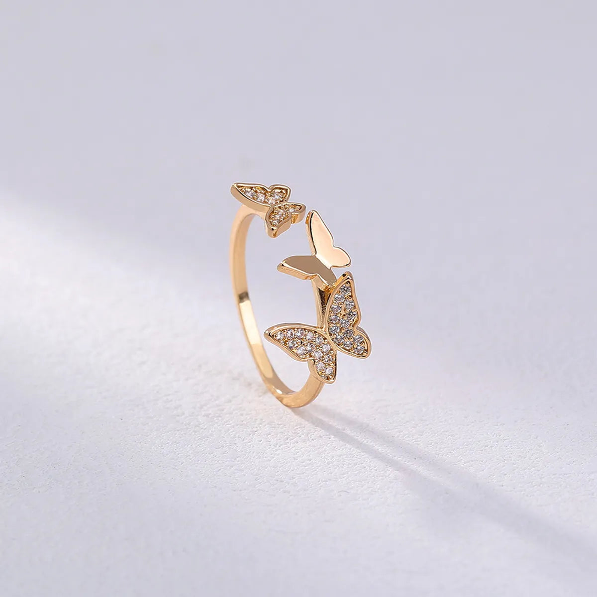 Simple Gold Wedding Band-Fashion Micro Rhinestone Butterfly Creative Opening Adjustable Copper Ring