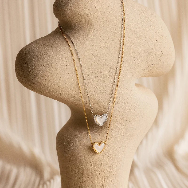 Beautiful Gold Pendant Necklace-Pave Mother of Pearl Heart Necklace