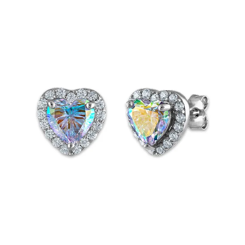 Stylish Dangle Earrings-Sterling Silver 6MM Heart Shape Cubic Zirconia Halo Stud Earrings