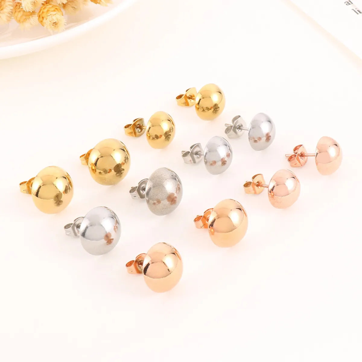 White Gold Earrings-3 Pairs Elegant Cute Round Stainless Steel Ear Studs