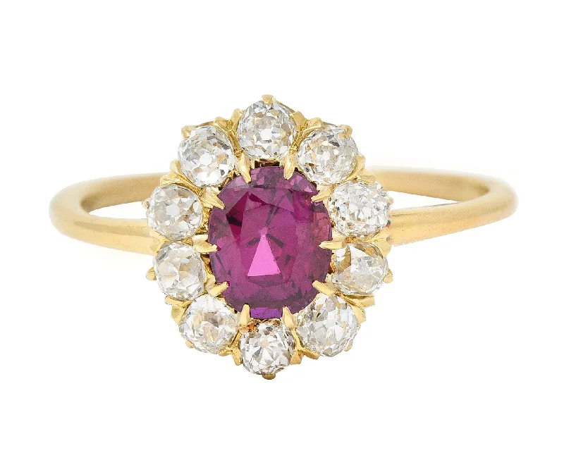 Custom Ring with Sapphires-Victorian 1.82 CTW Oval Cut Ruby Old Mine Cut Diamond 14 Karat Yellow Gold Antique Cluster Ring