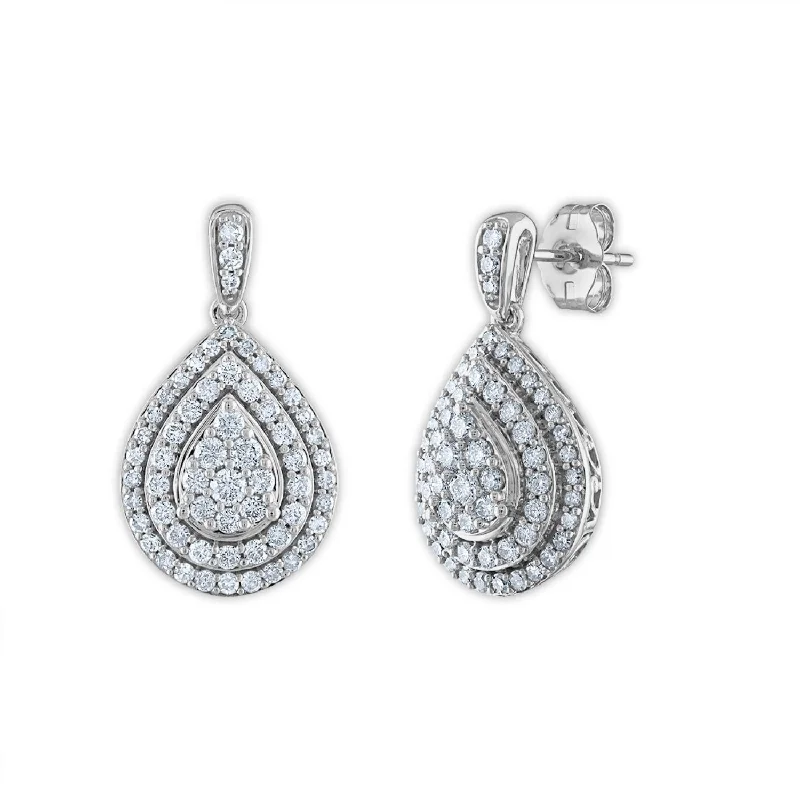 Pearl and Diamond Earrings-Red Hot Deal  3/4 CTW Diamond Drop & Dangle Cluster Double Halo Pear Shape Earrings in 10KT White Gold