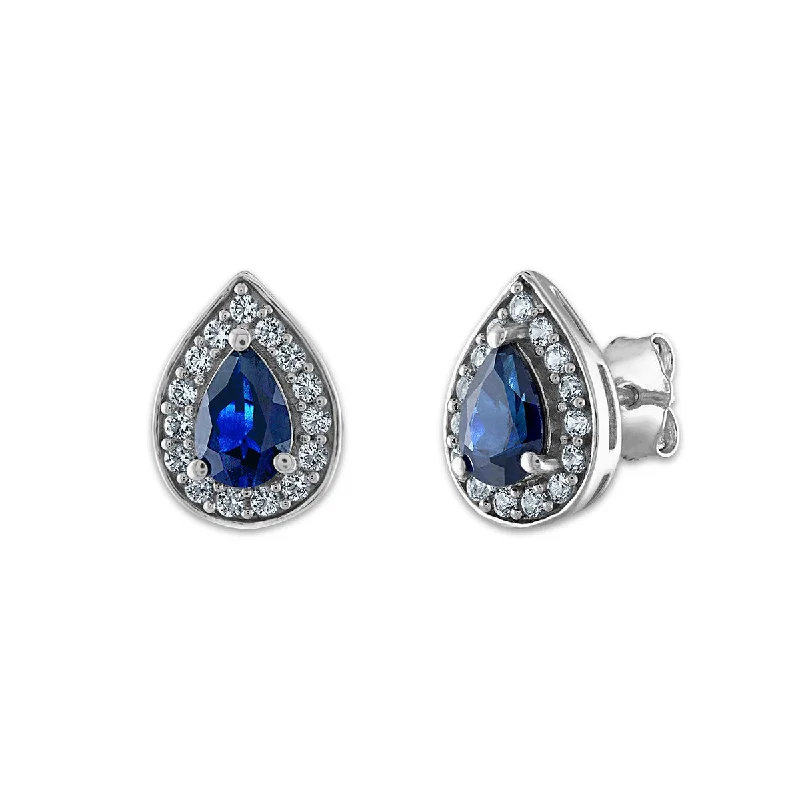 Chic Hoop Earrings-6X4MM Pear Ceylon Sapphire and White Sapphire Halo Stud Earrings in Rhodium Plated Sterling Silver