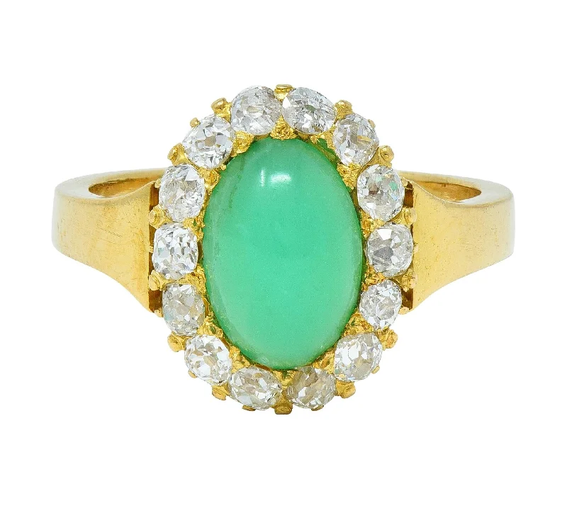 Custom Sapphire Wedding Ring-Modernist Chrysoprase Diamond 18 Karat Yellow Gold Vintage Halo Ring