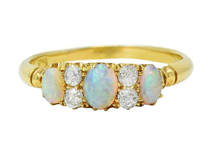 Large Diamond Wedding Ring-Victorian Opal Diamond 18 Karat Yellow Gold Antique Gemstone Band Ring