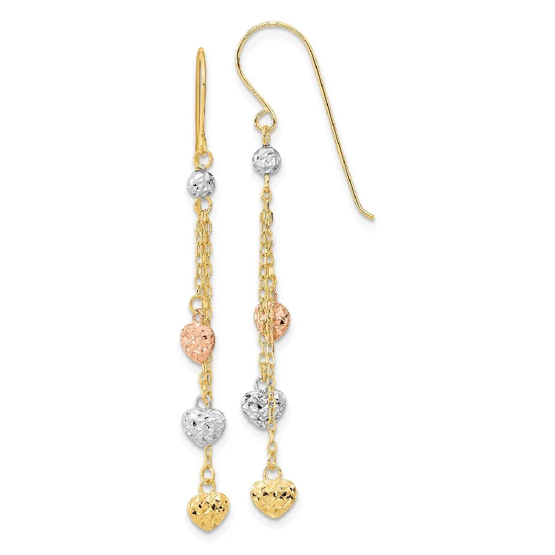 Designer Diamond Earrings-14KT Gold Tri-Color 55X4.8MM Diamond-cut Heart Drop & Dangle Earrings