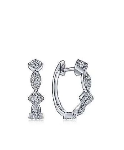 Custom Diamond Earrings-14K White Gold Geometric Station Diamond Huggie Earrings