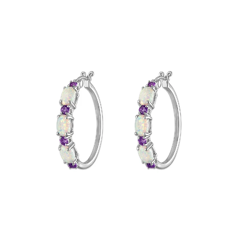 Large Hoop Earrings for Women-6X4MM Oval Opal and Amethyst Hoop Earrings in Rhodium Plated Sterling Silver