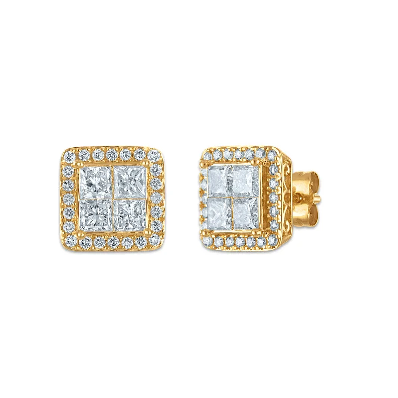 Unique Earrings for Bridesmaids-Red Hot Deal 2 CTW Princess Cut Lab Grown Diamond Halo Stud Earrings in 14KT Yellow Gold