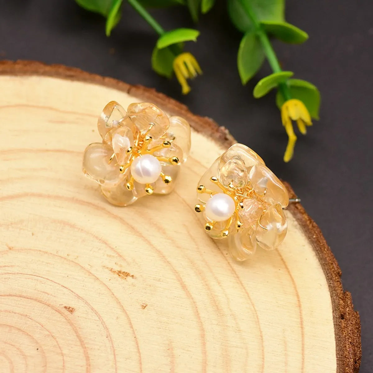 Crystal Hoop Earrings-1 Pair Retro Flower Plating Inlay Copper Natural Stone Pearl 18k Gold Plated Ear Studs