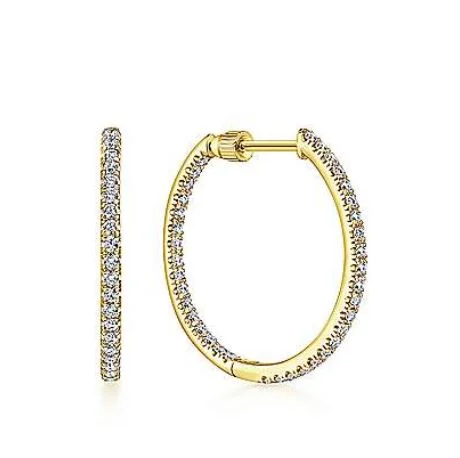 Crystal Earrings for Women-14K Yellow Gold French Pavé 20mm Round Inside Out Diamond Hoop Earrings