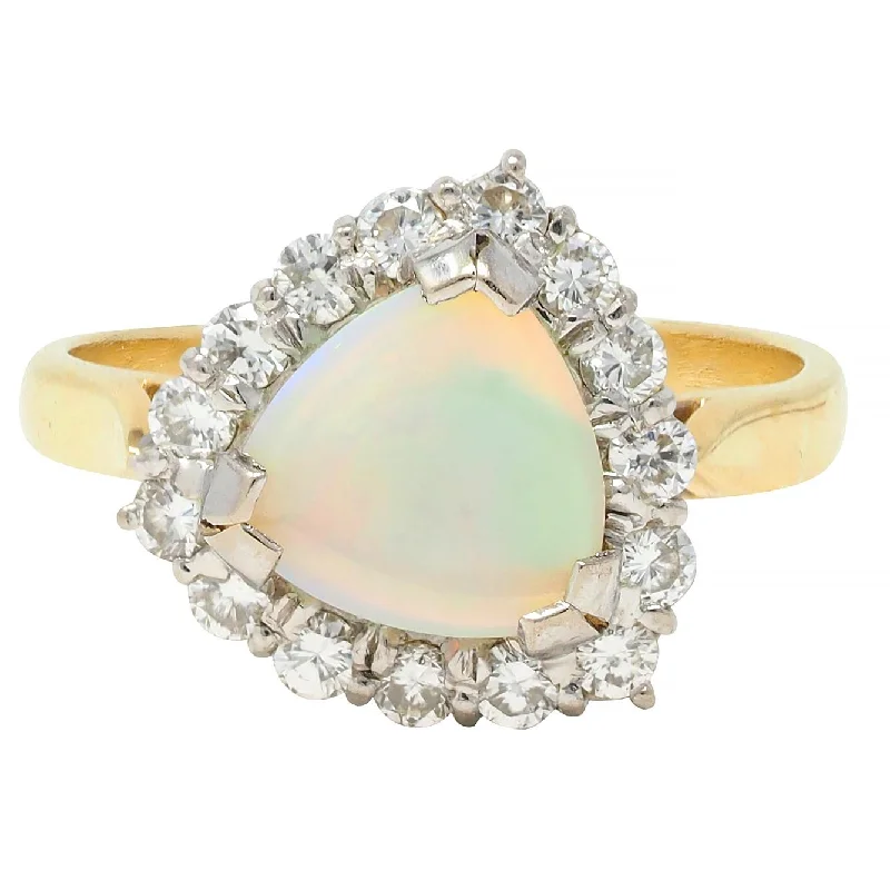 Beautiful Diamond Ring-1980s Opal Diamond 18 Karat Yellow White Gold Triangular Vintage Halo Ring