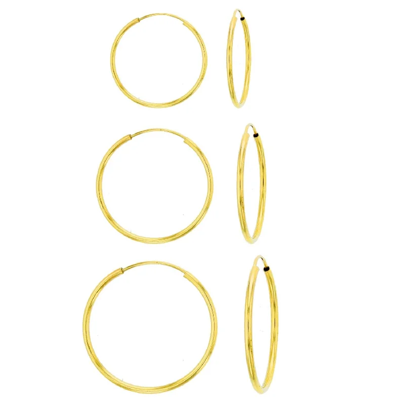 Heart Shaped Stud Earrings-14KT Yellow Gold 1MM Wide 3-Pair 10MM, 12MM & 14MM Hoop Earrings