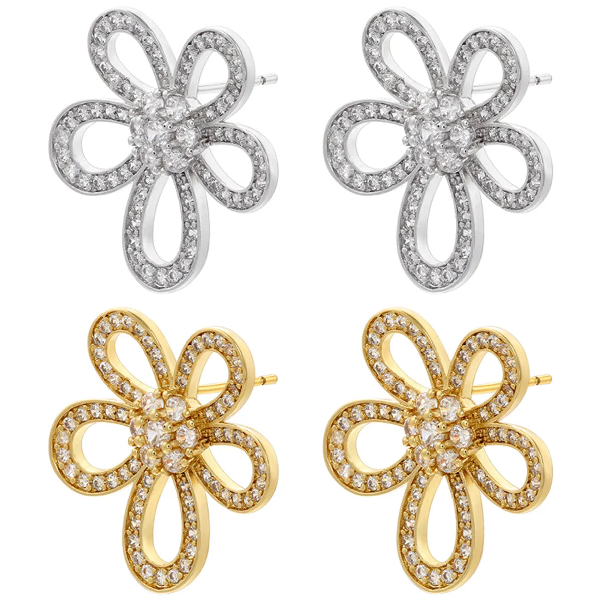 Gold Earrings for Teens-1 Pair Elegant Simple Style Petal Plating Inlay Copper Zircon 18k Gold Plated Ear Studs