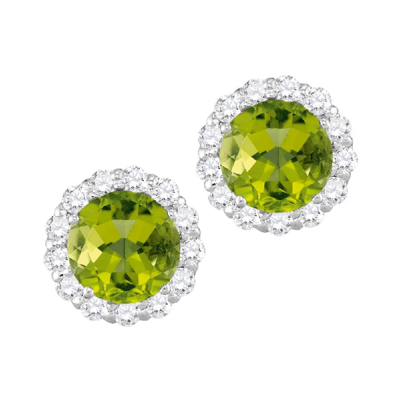 Trendy Drop Earrings-6MM Round Peridot and White Sapphire Birthstone Halo Stud Earrings in 10KT White Gold