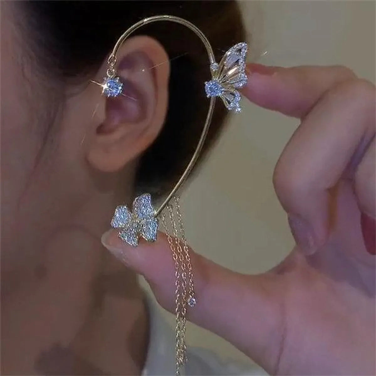 Custom Diamond Earrings-Fashion Tassel Butterfly Alloy Copper Rhinestone Women's Ear Clips