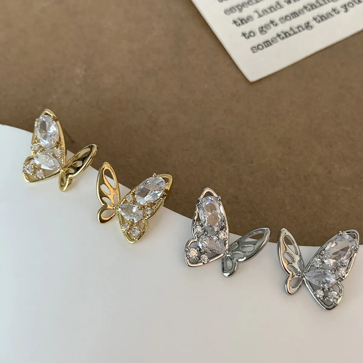 Wedding Earrings with Crystals-1 Pair Sweet Simple Style Butterfly Plating Inlay Copper Zircon 18K Gold Plated Ear Studs