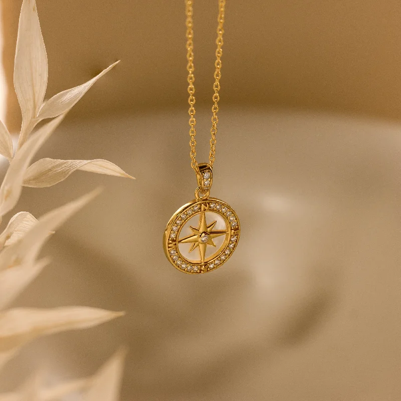 Silver Necklace with Birthstone-Pave Pearl Compass Necklace