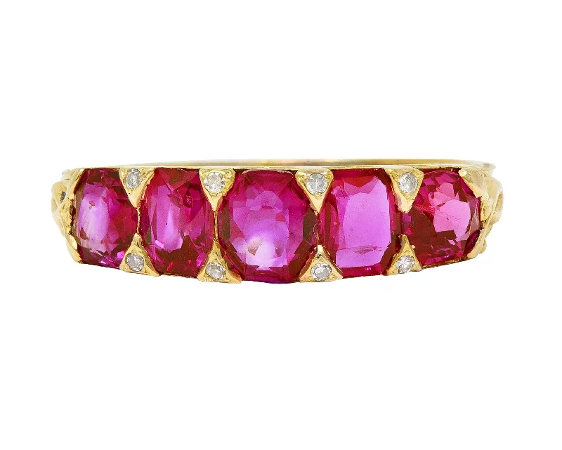 Stackable Engagement Rings-Art Nouveau 1.67 CTW Ruby Diamond 18 Karat Yellow Gold Foliate Five Stone Antique Band Ring