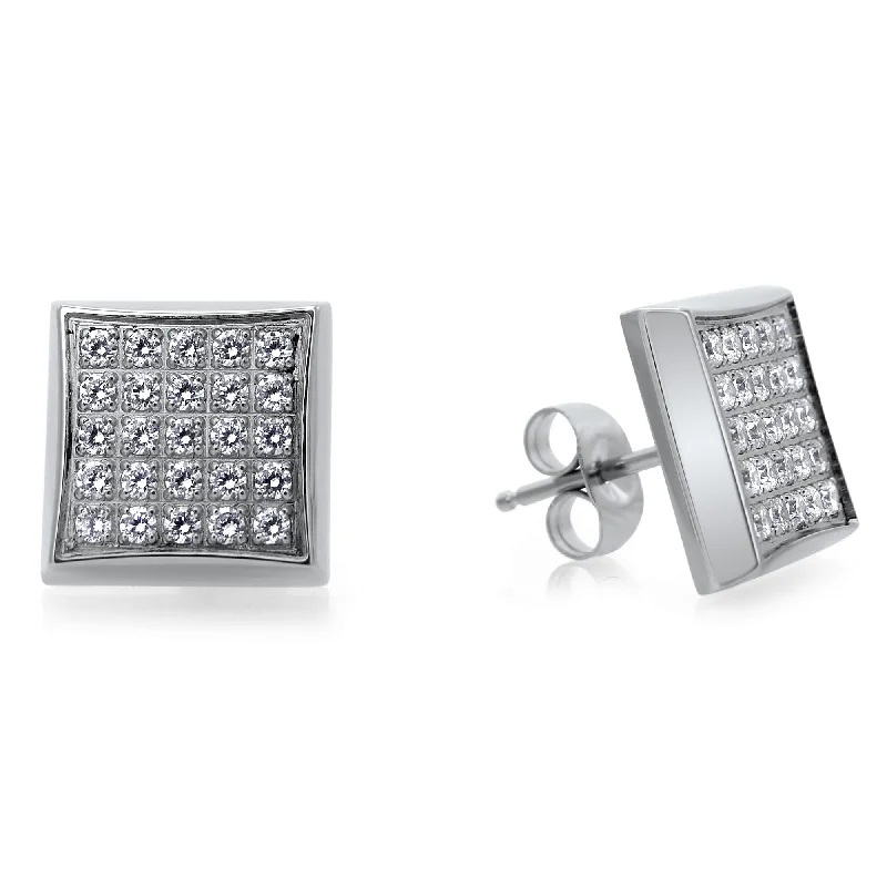 Luxury Gemstone Earrings-Stainless Steel Square Stud Earrings with 1/4 CTW Pave Diamonds