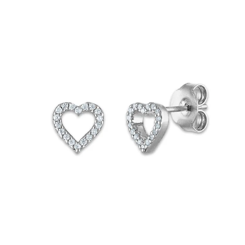 Bridal Earrings with Pearls-1/20 CTW Diamond Stud Heart Outline Earrings in 10KT White Gold