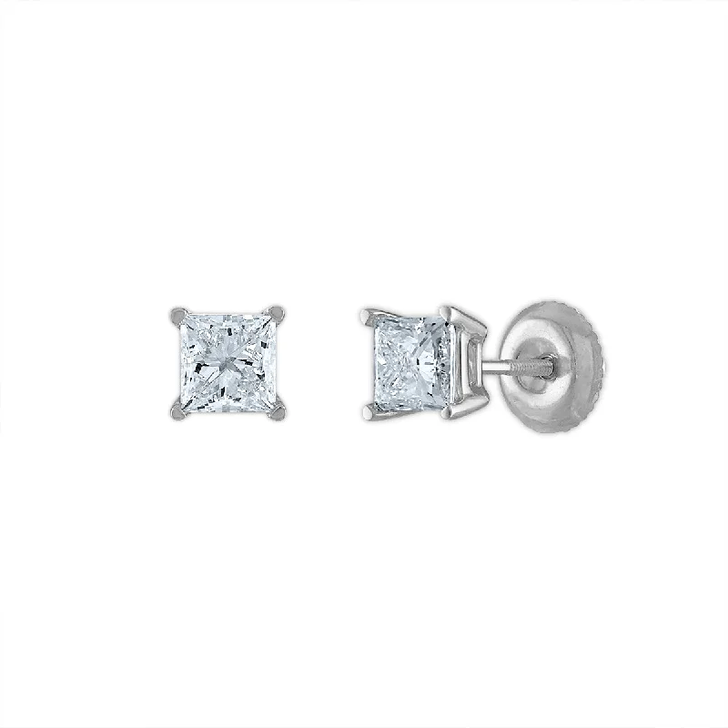 Cute Pearl Earrings-Signature Certificate EcoLove 1 CTW Princess Cut Lab Grown Diamond Solitaire Stud Earrings in 14KT White Gold