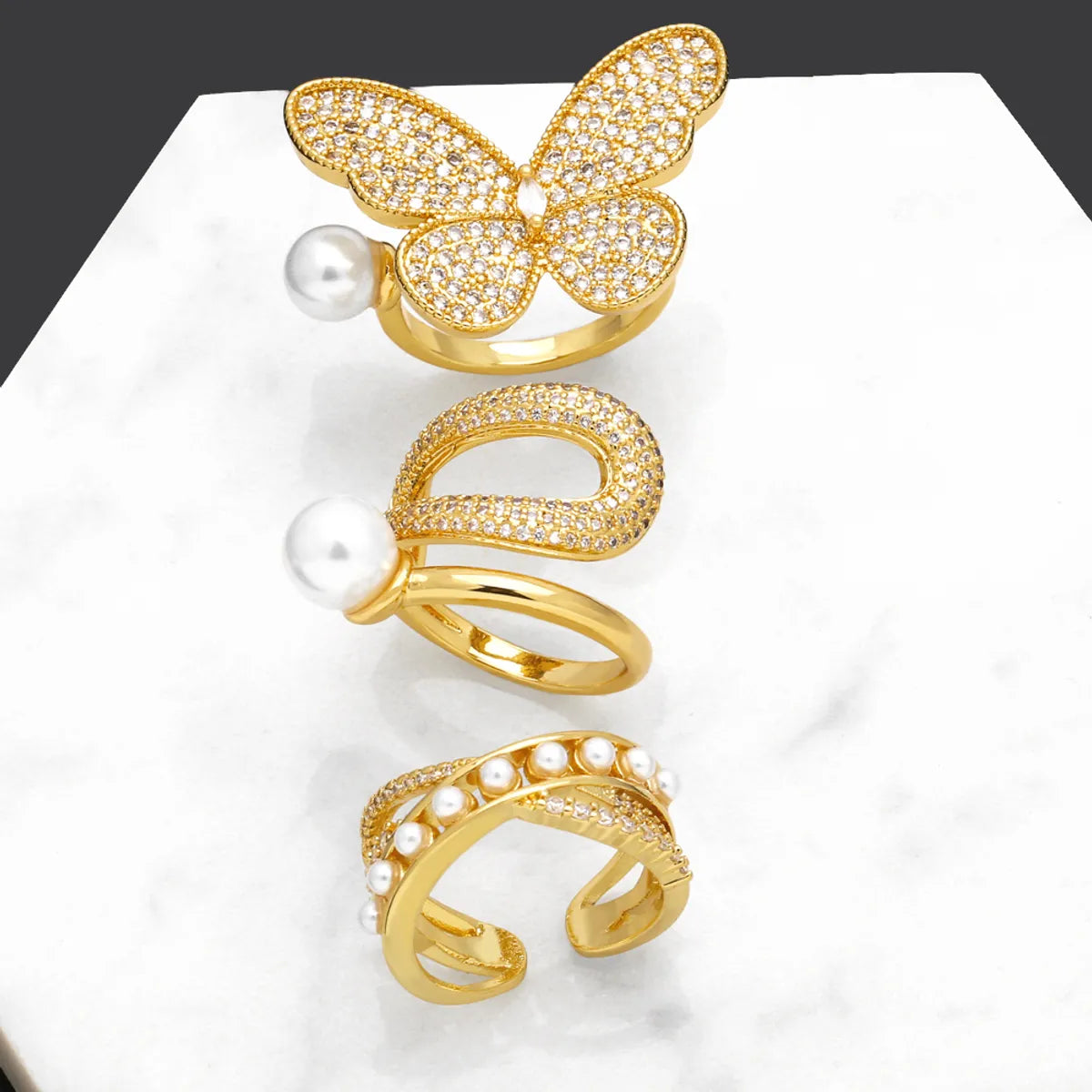 Minimalist Gold Ring-Simple Style Streetwear Snake Butterfly Copper Plating Inlay Zircon 18k Gold Plated Open Rings