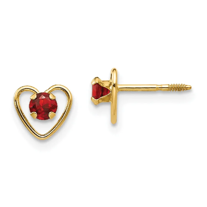 Beautiful Drop Earrings-14KT Yellow Gold 3MM Round Garnet 6MM Heart Childrens Birthstone Earrings