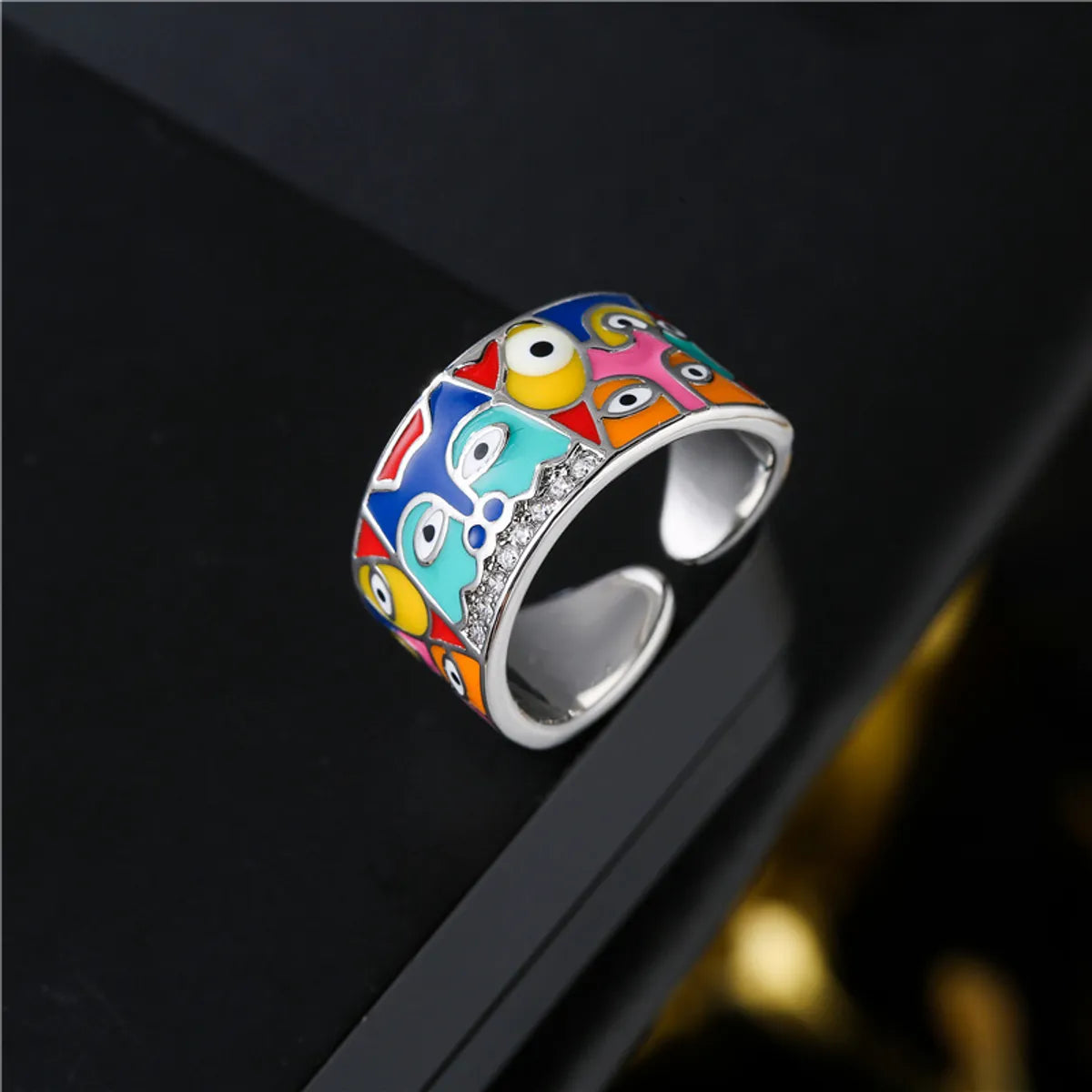 Simple Platinum Wedding Band-Aogu Cross-border Supply European And American Fashion New Real Gold Electroplating Dripping Eyes Portrait Open-end Zircon Ring