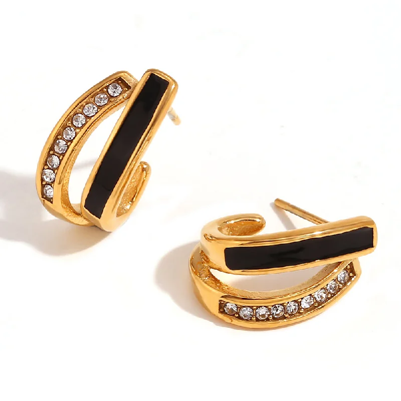 Stitching Drop Oil Rhinestone Cross U-Shaped Earrings-Gold Black