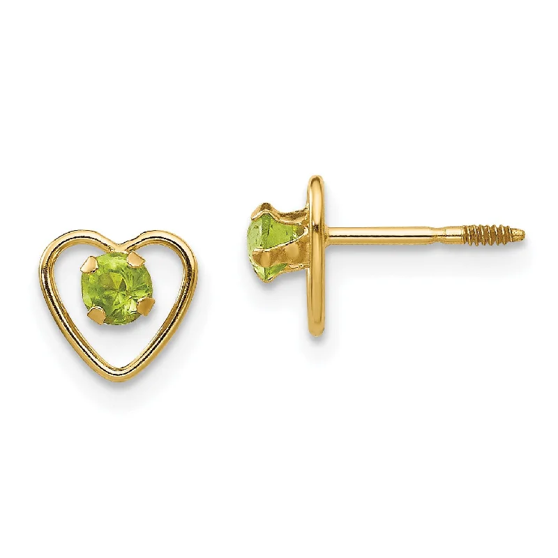 Gemstone Stud Earrings-14KT Yellow Gold 3MM Round Peridot 6MM Heart Childrens Birthstone Stud Earrings