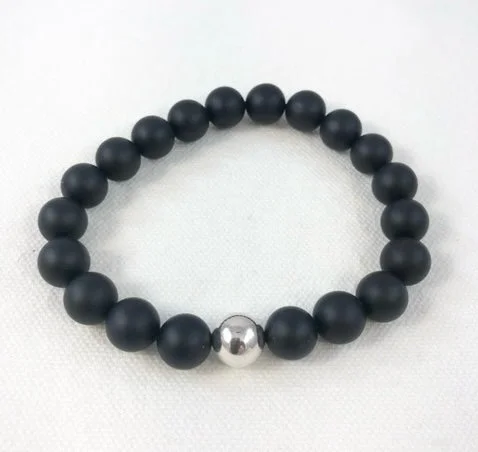 Simple Adjustable Beaded Bracelet-Men's Bracelet, Black Onyx with Sterling Silver Bead