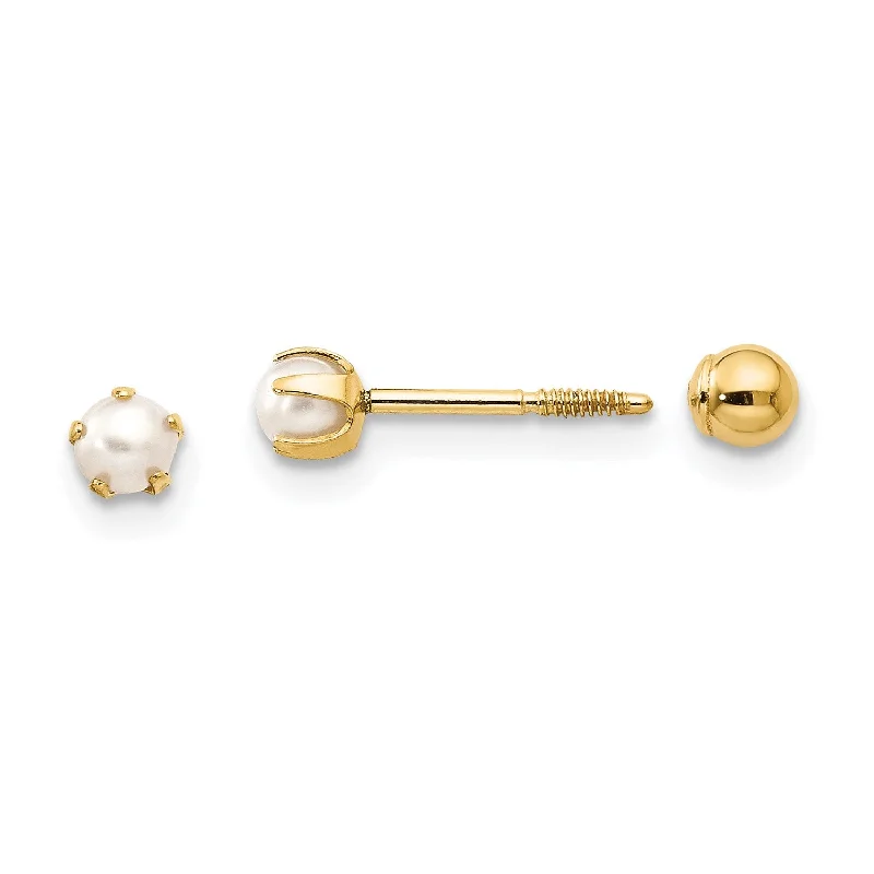 Wedding Earrings with Crystals-3MM Round Pearl Reversible Ball Stud Earrings in 14KT Yellow Gold