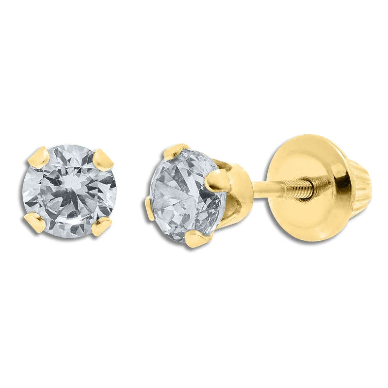 High-End Earrings for Weddings-Kiddie Kraft 14KT Yellow Gold 4MM Round Cubic Zirconia Childrens Stud Earrings