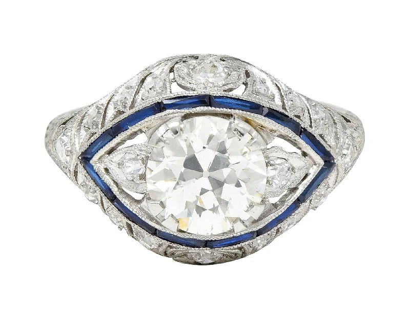 Unique Gemstone Ring for Women-Art Deco 1.80 CTW Old European Cut Diamond Sapphire Platinum Vintage Engagement Ring