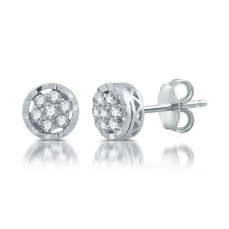 Diamond Dangle Earrings-1/5 CTW Diamond Cluster Halo Stud Earrings in Rhodium Plated Sterling Silver