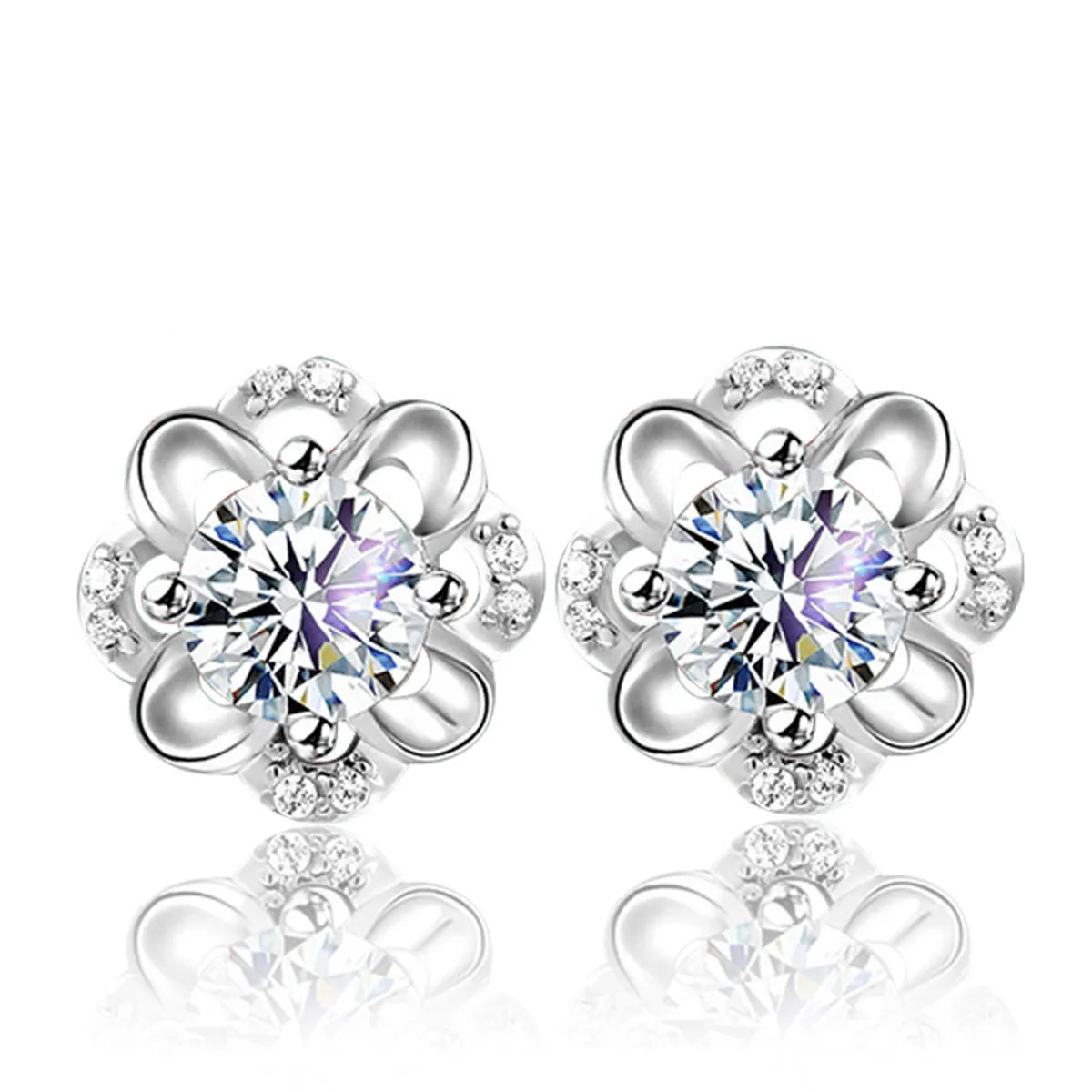 Classic Round Earrings-1 Pair Simple Style Commute Flower Plating Inlay Copper Zircon Silver Plated Ear Studs