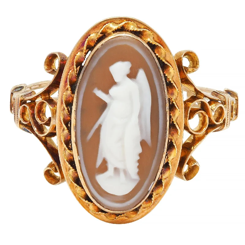 Custom Diamond Wedding Band-Victorian Carved Agate 14 Karat Yellow Gold Greek Godess Nike Antique Cameo Antique Ring