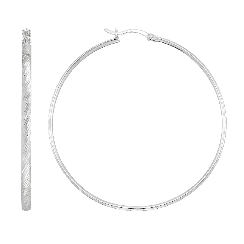 Classic Diamond Earrings-Simone I Smith Collection Platinum Plated Sterling Silver 50X3MM Textured Hoop Earrings