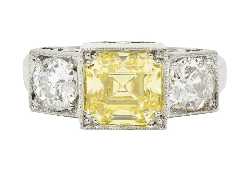 Vintage Engagement Ring Set-Art Deco 3.20 CTW Asscher Cut Fancy Intense Yellow & Old European Cut Diamond Platinum Foliate Vintage Ring GIA