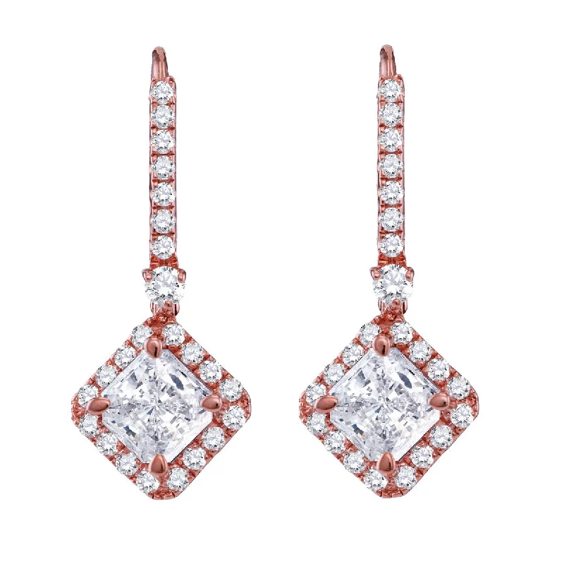 Casual Earrings for Women-14KT Rose Gold Plated Sterling Silver Princess Cut Cubic Zirconia Leverback Earrings