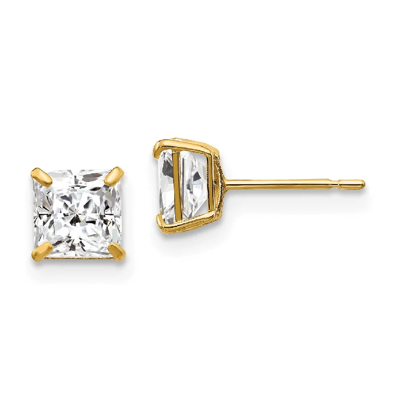 Custom Engraved Earrings-14KT Yellow Gold 5MM Square Cubic Zirconia Stud Earrings