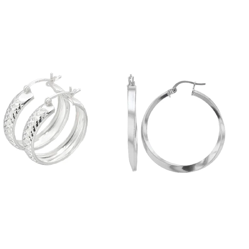 Statement Earrings for Weddings-Sterling Silver 3X30MM and 6X25MM 2-Pair Hoop Earrings Set