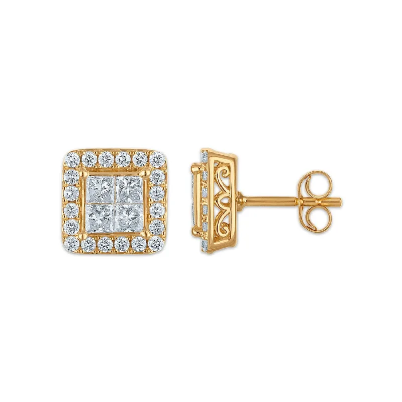 Sparkling Drop Earrings-Red Hot Deal 1-1/2 CTW Princess Cut Lab Grown Diamond Halo Stud Earrings in 14KT Yellow Gold